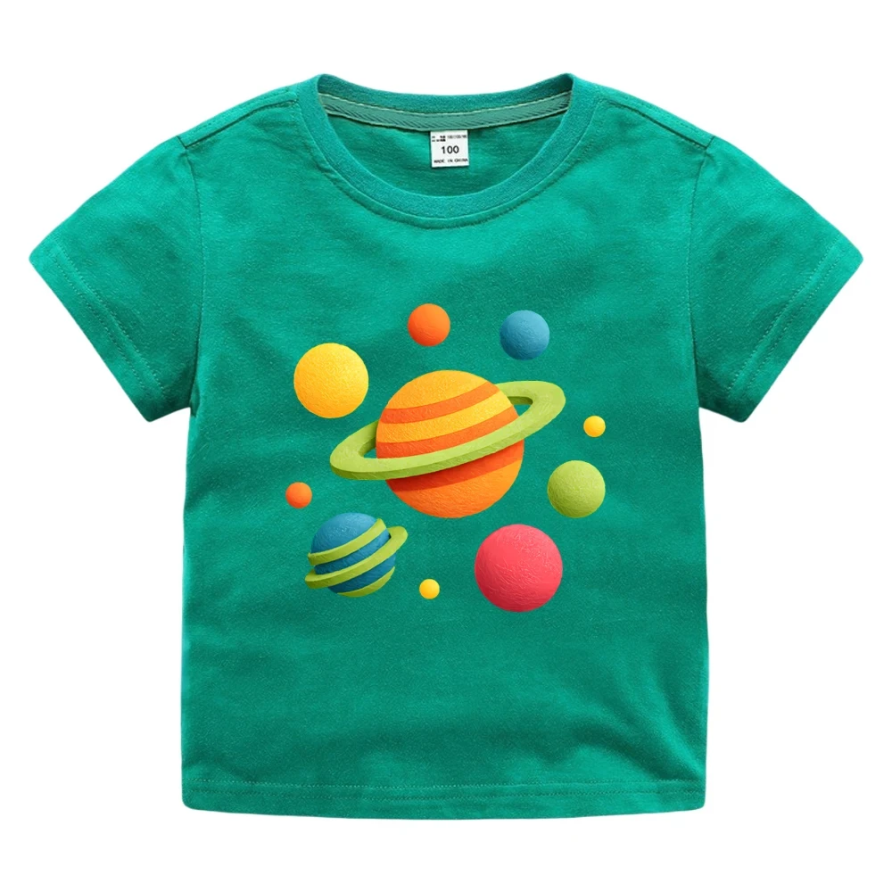 School Wear Kids Space Print Cotton Tees Summer Cartoon Short Sleeve Shirts