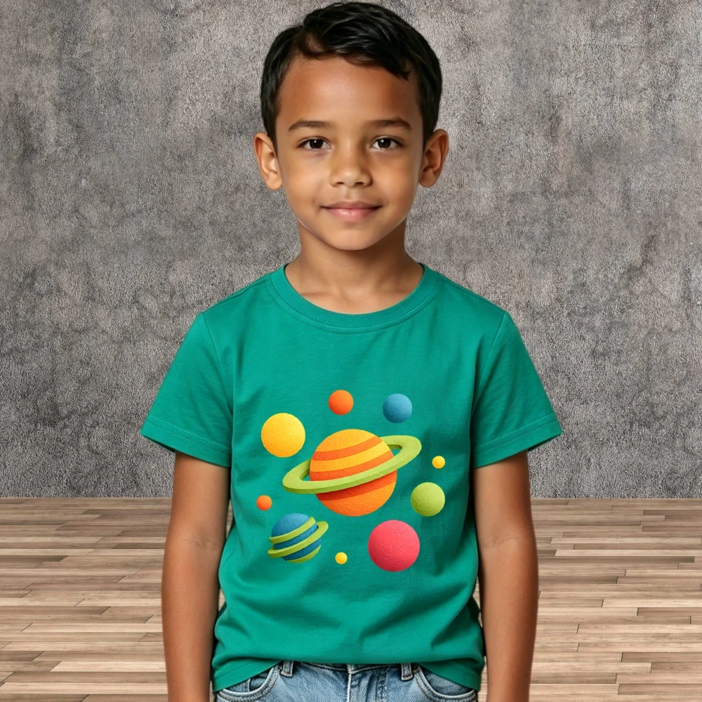 School Wear Kids Space Print Cotton Tees Summer Cartoon Short Sleeve Shirts