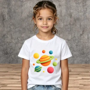 School Wear Kids Space Print Cotton Tees Summer Cartoon Short Sleeve Shirts