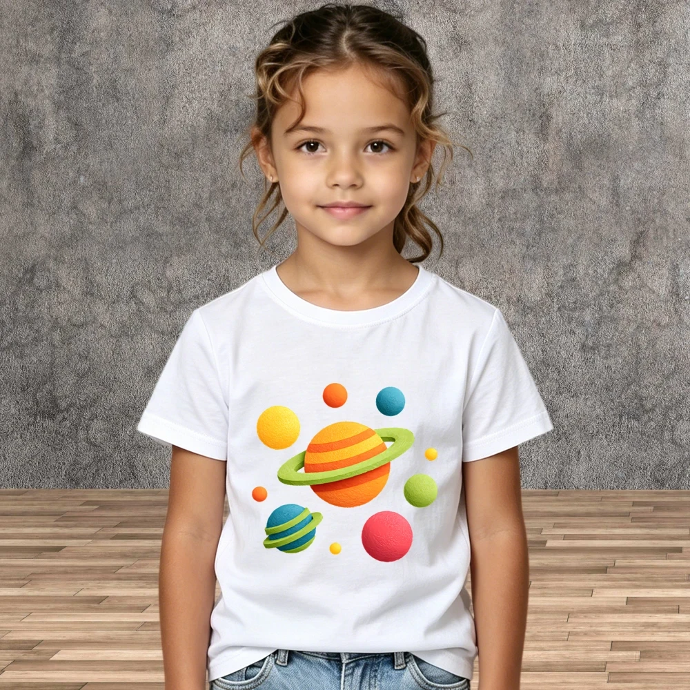 School Wear Kids Space Print Cotton Tees Summer Cartoon Short Sleeve Shirts