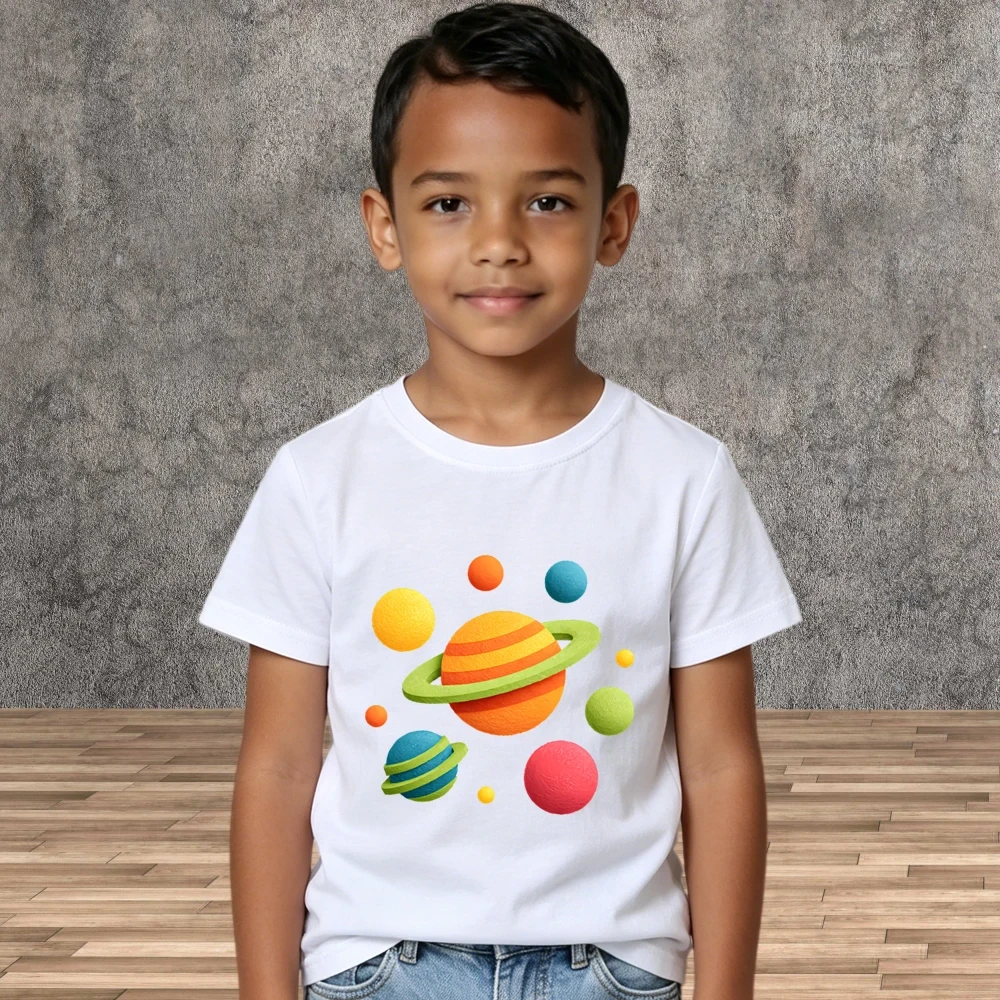 School Wear Kids Space Print Cotton Tees Summer Cartoon Short Sleeve Shirts