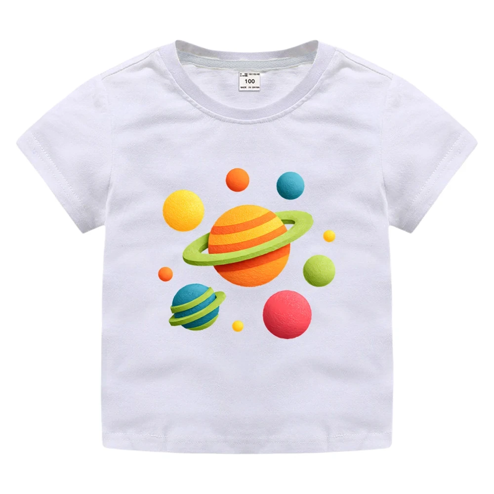School Wear Kids Space Print Cotton Tees Summer Cartoon Short Sleeve Shirts