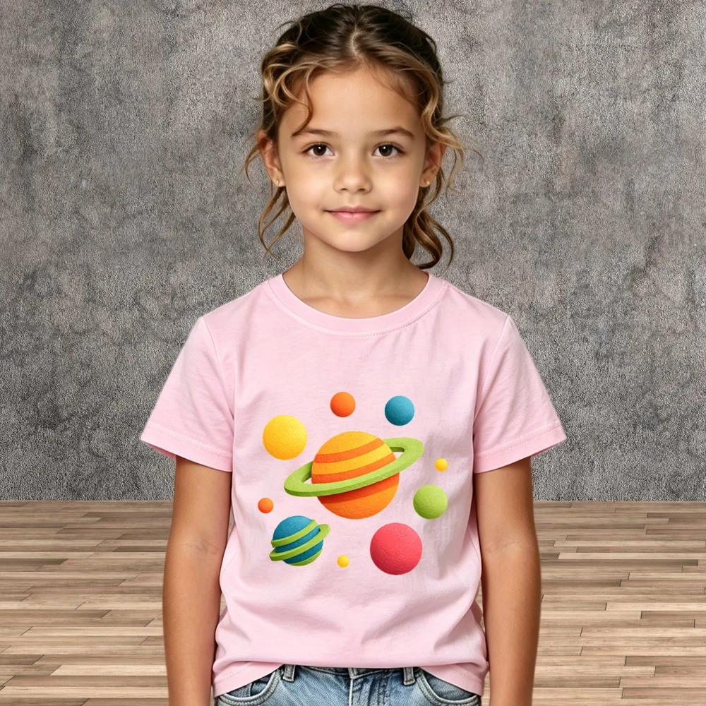 School Wear Kids Space Print Cotton Tees Summer Cartoon Short Sleeve Shirts