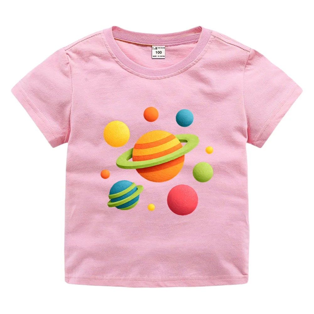 School Wear Kids Space Print Cotton Tees Summer Cartoon Short Sleeve Shirts