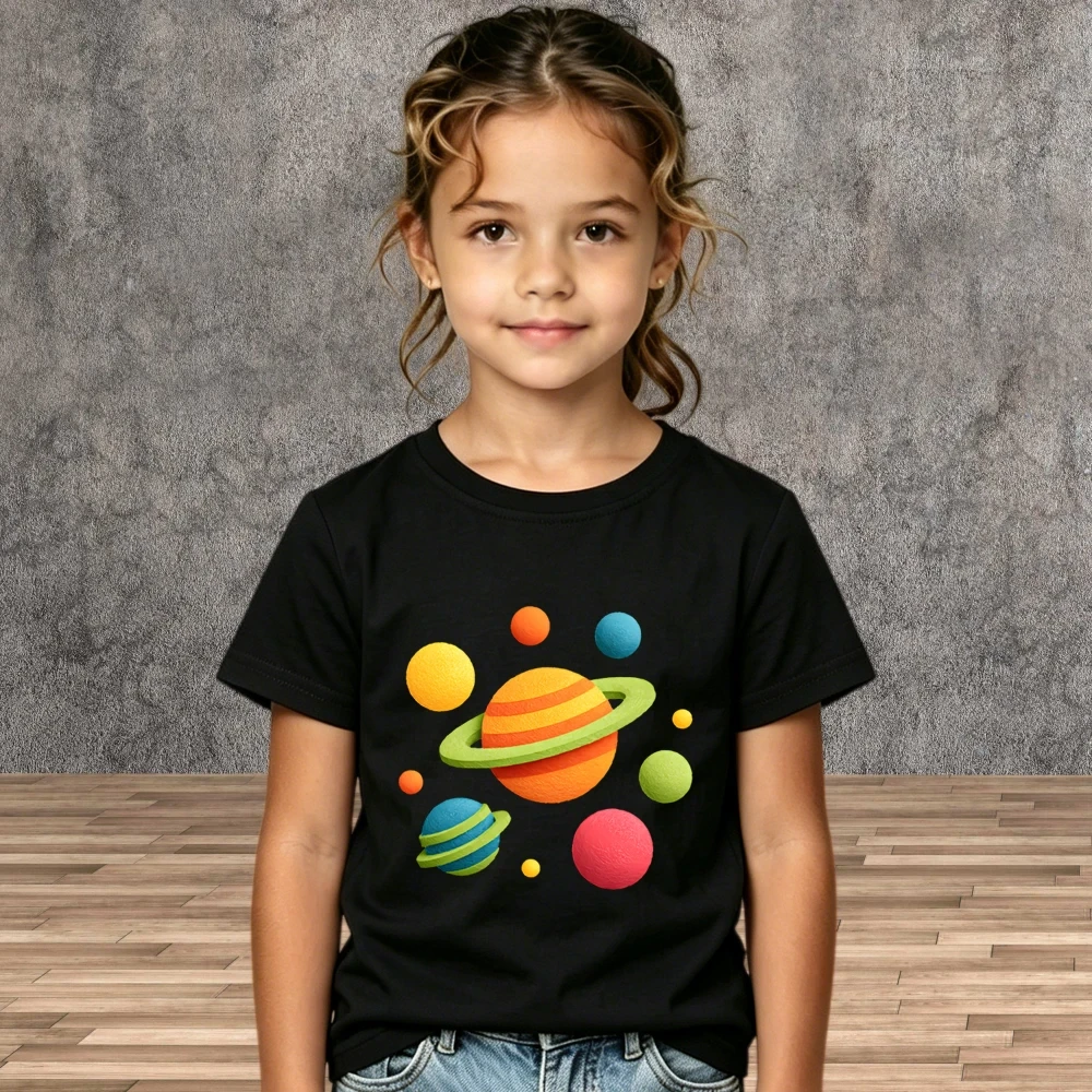 School Wear Kids Space Print Cotton Tees Summer Cartoon Short Sleeve Shirts