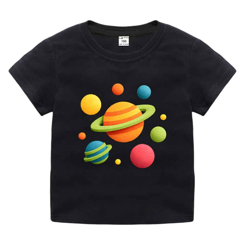 School Wear Kids Space Print Cotton Tees Summer Cartoon Short Sleeve Shirts
