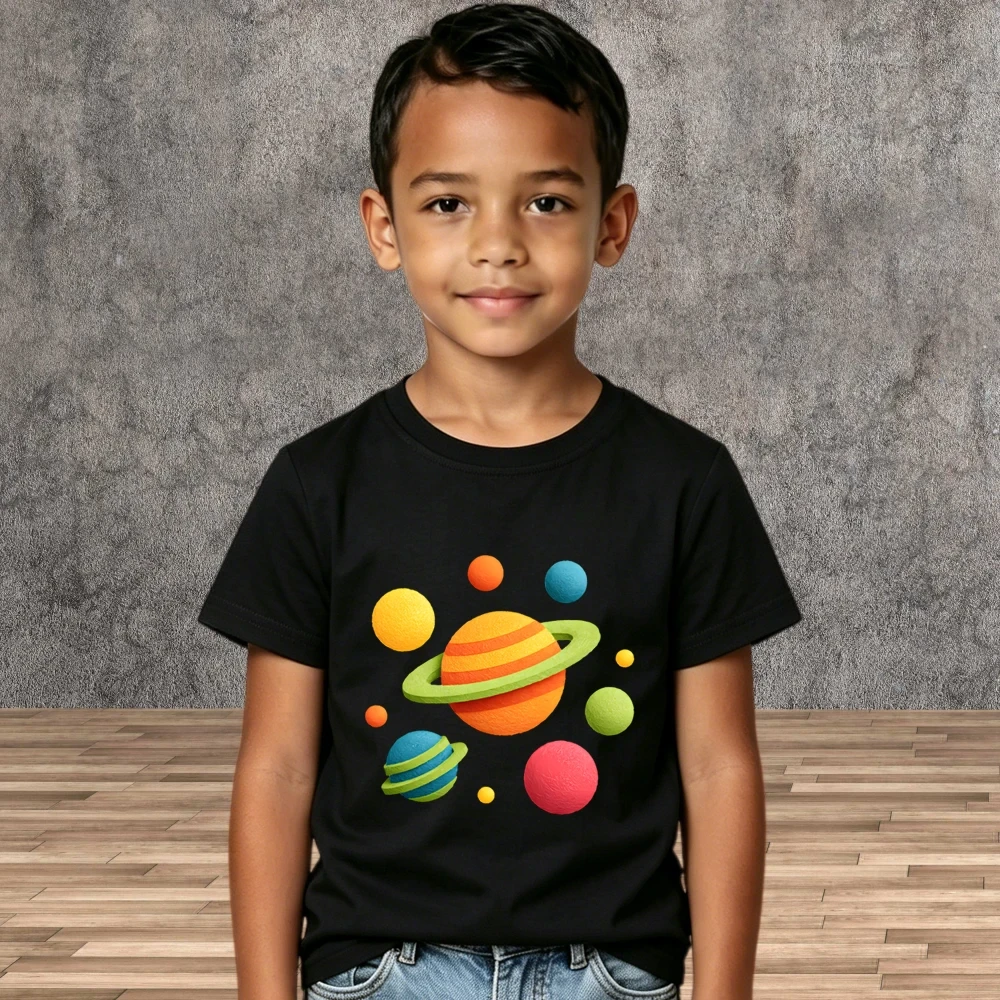 School Wear Kids Space Print Cotton Tees Summer Cartoon Short Sleeve Shirts